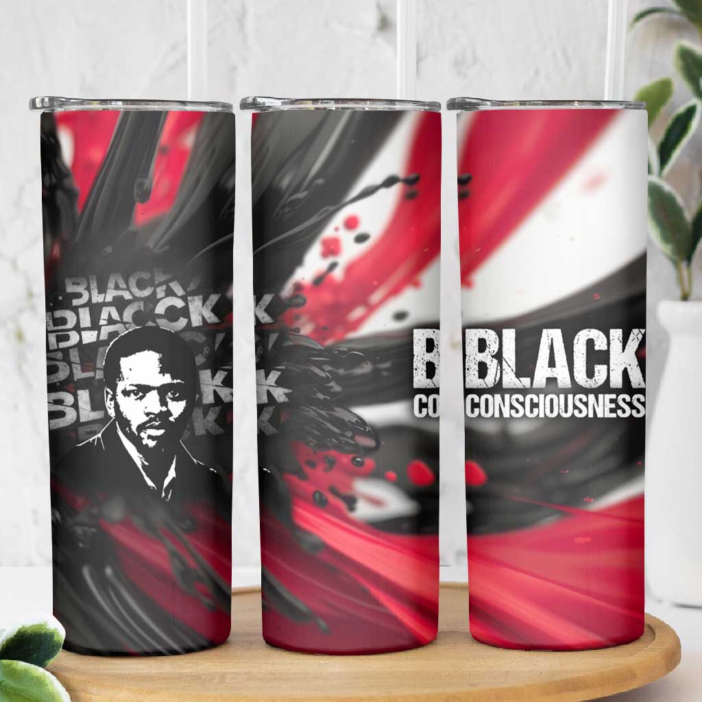 Steve Biko Skinny Tumbler with Black Consciousness Portrait, Power Fist Symbol and Red-Black Freedom - African Pride