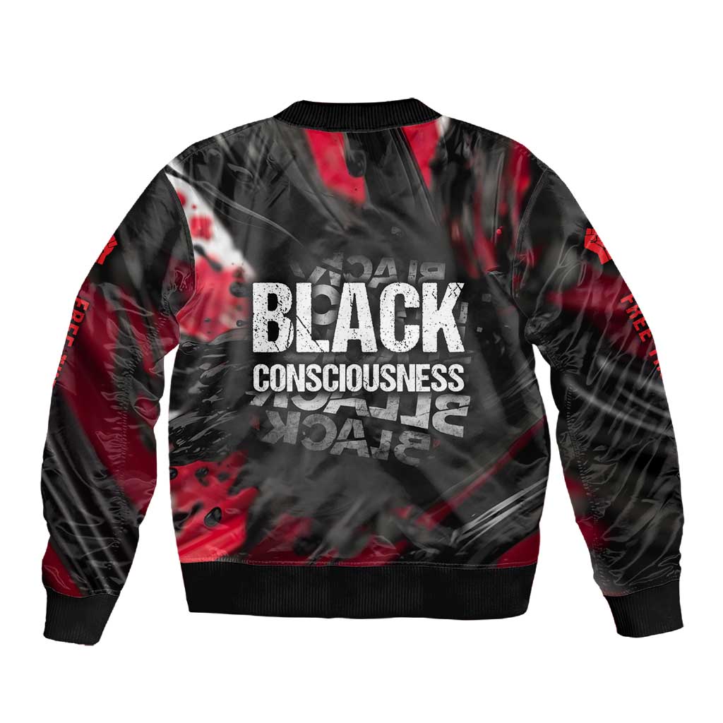 Steve Biko Sleeve Zip Bomber Jacket with Black Consciousness Portrait, Power Fist Symbol and Red-Black Freedom - African Pride