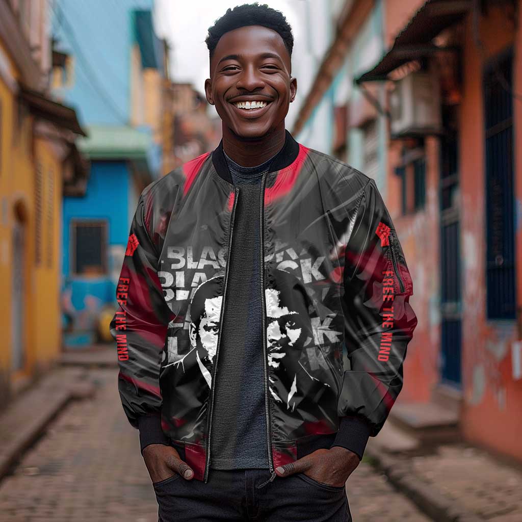 Steve Biko Sleeve Zip Bomber Jacket with Black Consciousness Portrait, Power Fist Symbol and Red-Black Freedom - African Pride