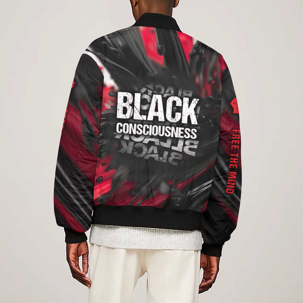 Steve Biko Sleeve Zip Bomber Jacket with Black Consciousness Portrait, Power Fist Symbol and Red-Black Freedom - African Pride