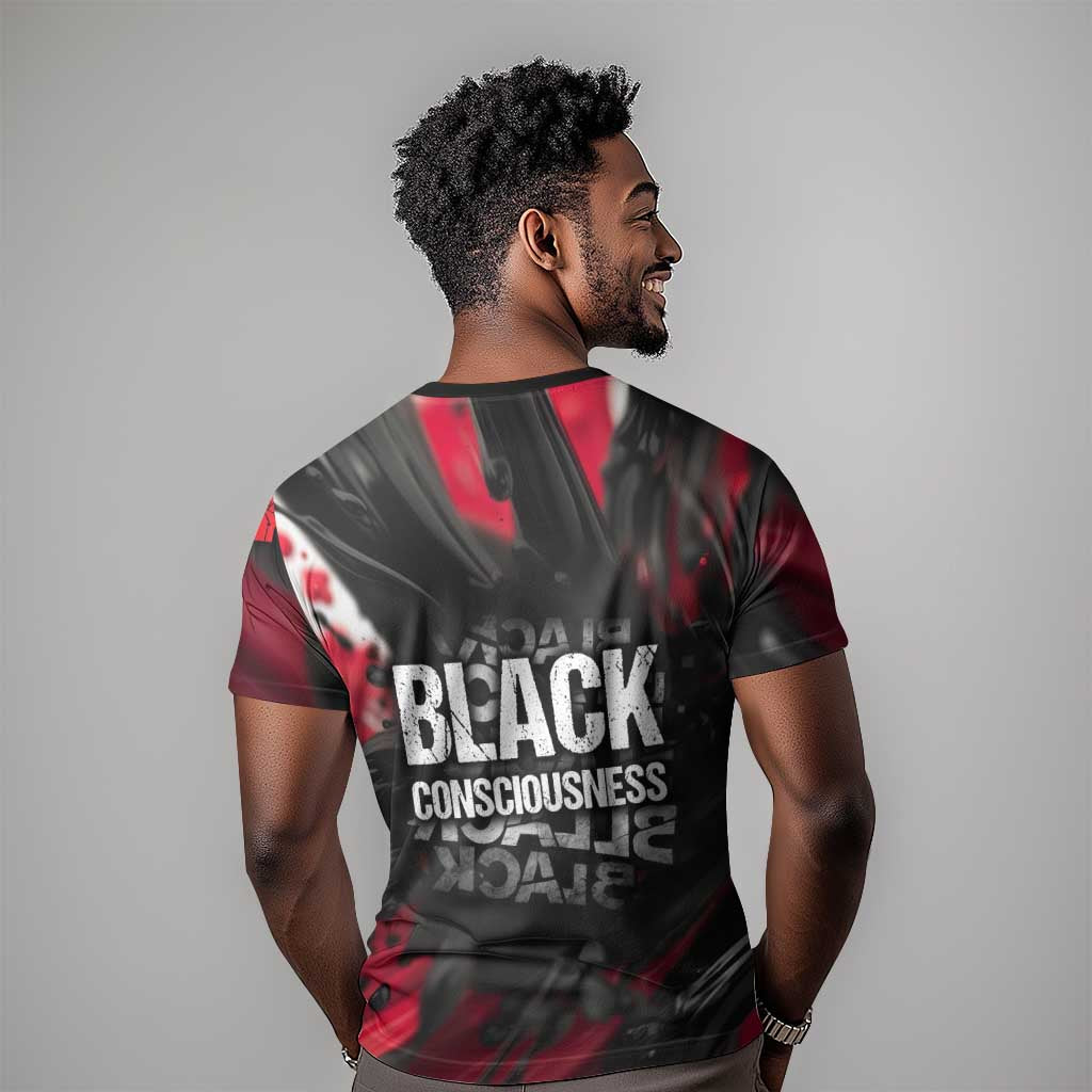 Steve Biko T shirt with Black Consciousness Portrait, Power Fist Symbol and Red-Black Freedom - African Pride