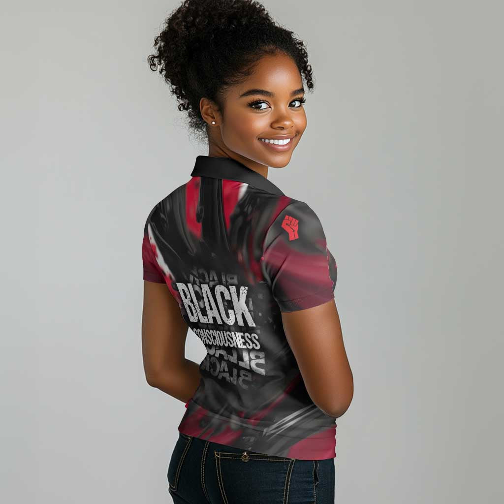 Steve Biko Women Polo Shirt with Black Consciousness Portrait, Power Fist Symbol and Red-Black Freedom - African Pride