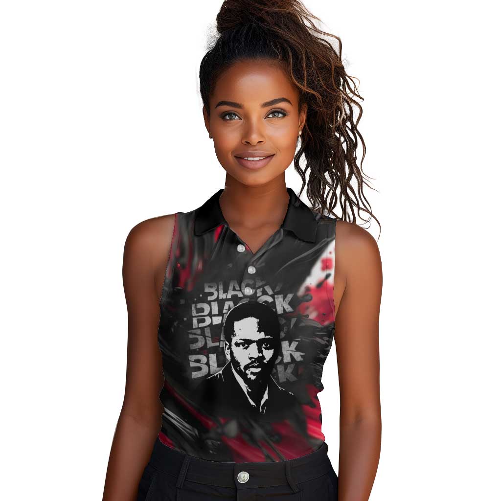Steve Biko Women Sleeveless Polo Shirt with Black Consciousness Portrait, Power Fist Symbol and Red-Black Freedom - African Pride