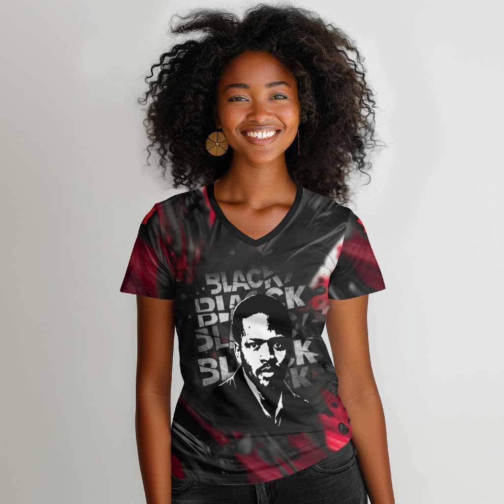 Steve Biko Women V-Neck T-Shirt with Black Consciousness Portrait, Power Fist Symbol and Red-Black Freedom - African Pride