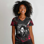 Steve Biko Women V-Neck T-Shirt with Black Consciousness Portrait, Power Fist Symbol and Red-Black Freedom - African Pride
