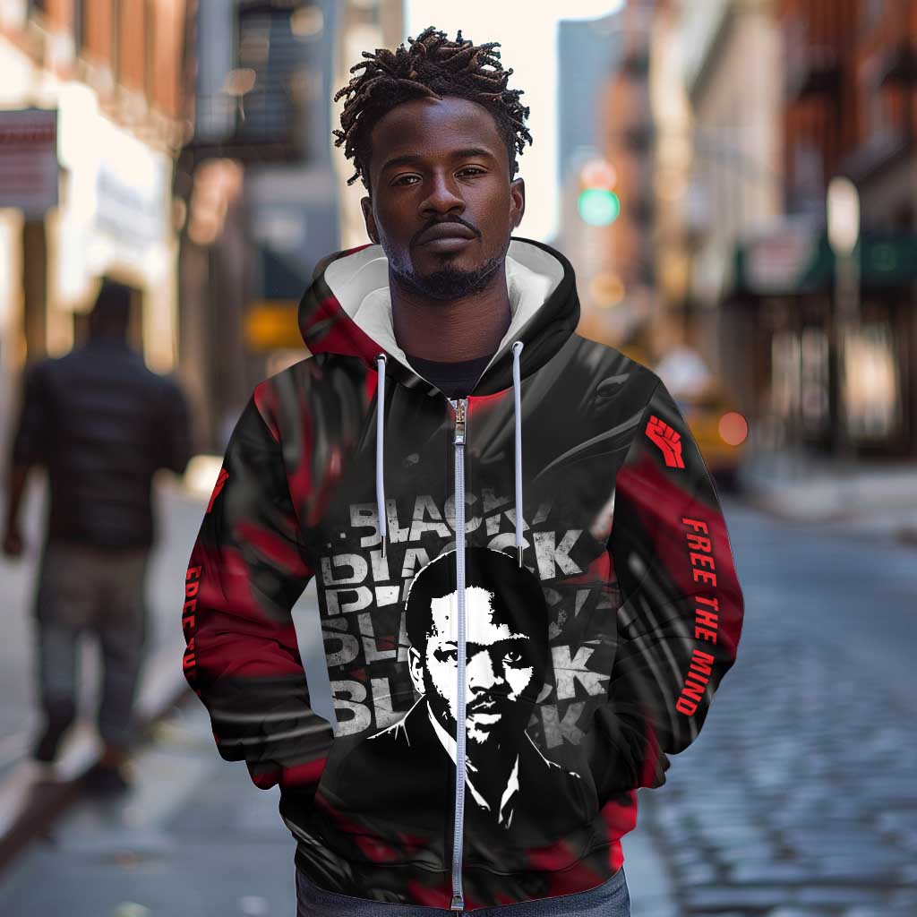 Steve Biko Zip Hoodie with Black Consciousness Portrait, Power Fist Symbol and Red-Black Freedom - African Pride