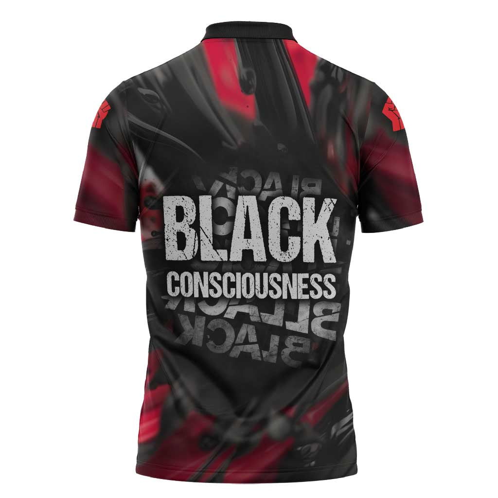 Steve Biko Zipper Polo Shirt with Black Consciousness Portrait, Power Fist Symbol and Red-Black Freedom - African Pride