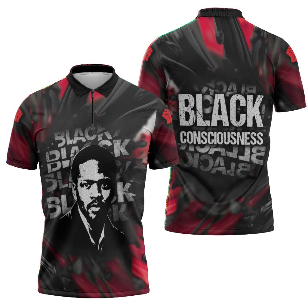 Steve Biko Zipper Polo Shirt with Black Consciousness Portrait, Power Fist Symbol and Red-Black Freedom - African Pride