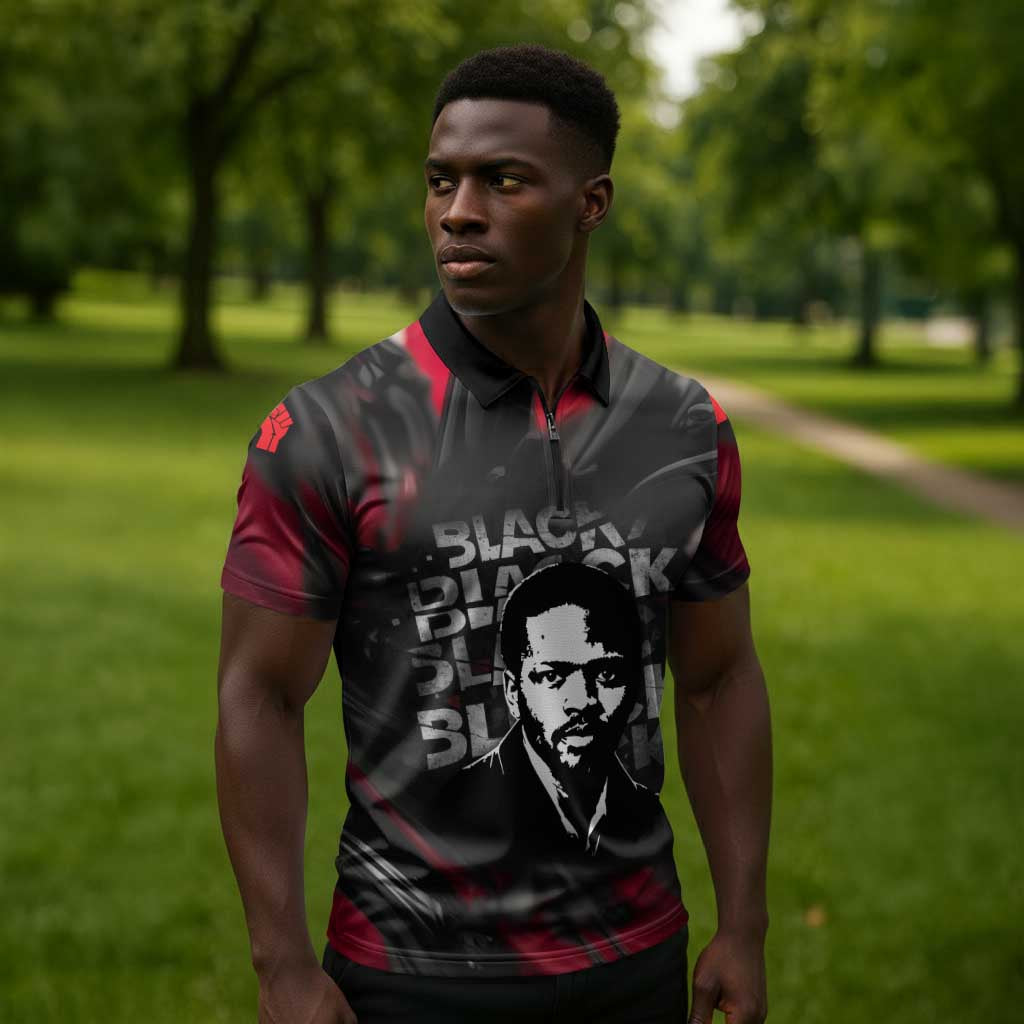 Steve Biko Zipper Polo Shirt with Black Consciousness Portrait, Power Fist Symbol and Red-Black Freedom - African Pride