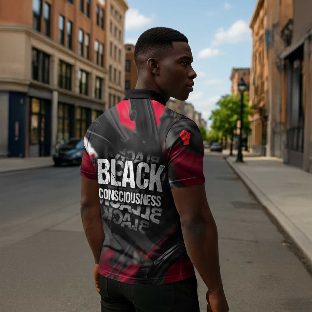 Steve Biko Zipper Polo Shirt with Black Consciousness Portrait, Power Fist Symbol and Red-Black Freedom - African Pride