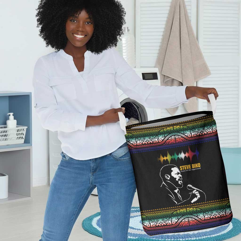 Steve Biko Laundry Basket with Microphone Portrait, Black Consciousness Quote and Vibrant Ethnic Wave - African Pride