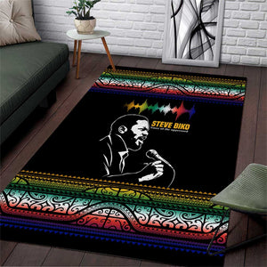 Steve Biko Area Rug with Microphone Portrait, Black Consciousness Quote and Vibrant Ethnic Wave - African Pride