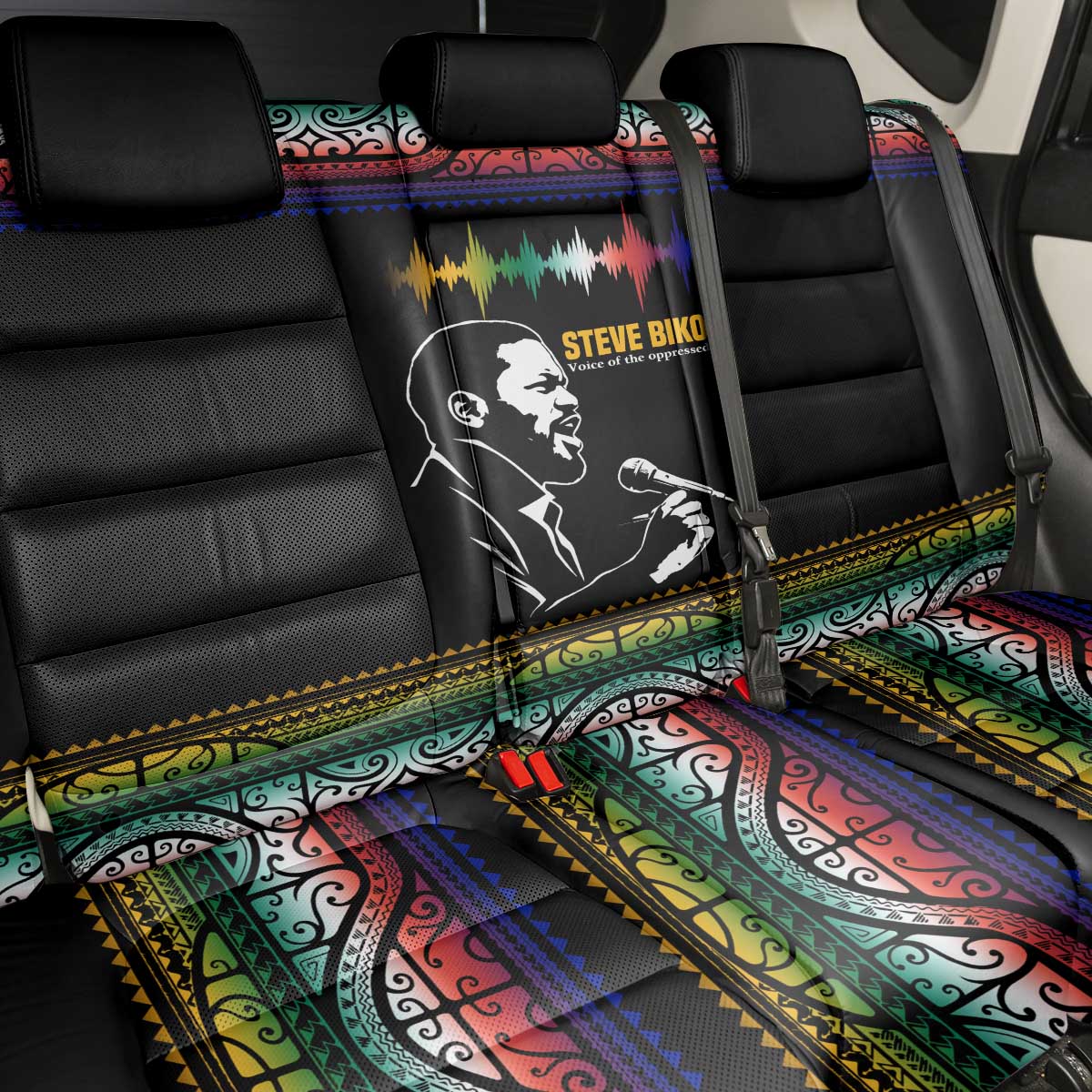 Steve Biko Back Car Seat Cover with Microphone Portrait, Black Consciousness Quote and Vibrant Ethnic Wave - African Pride