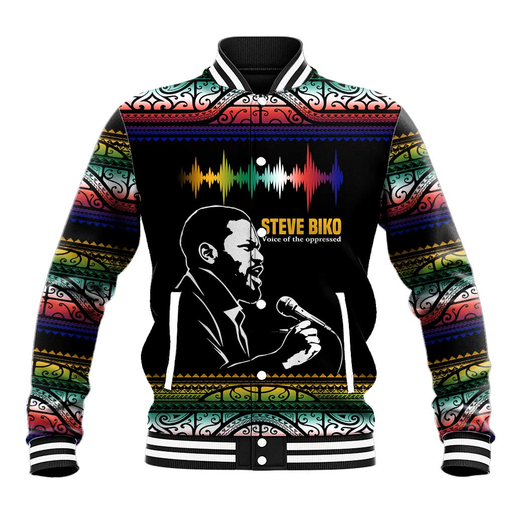 Steve Biko Baseball Jacket with Microphone Portrait, Black Consciousness Quote and Vibrant Ethnic Wave - African Pride