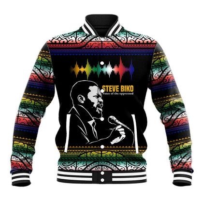 Steve Biko Baseball Jacket with Microphone Portrait, Black Consciousness Quote and Vibrant Ethnic Wave - African Pride