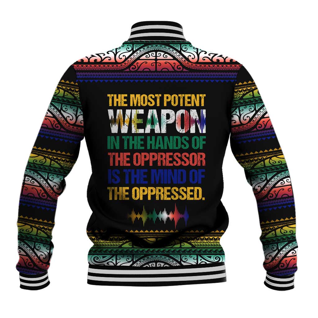 Steve Biko Baseball Jacket with Microphone Portrait, Black Consciousness Quote and Vibrant Ethnic Wave - African Pride