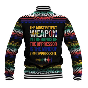 Steve Biko Baseball Jacket with Microphone Portrait, Black Consciousness Quote and Vibrant Ethnic Wave - African Pride