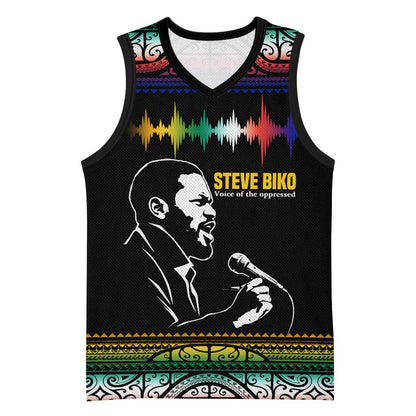 Steve Biko Basketball Jersey with Microphone Portrait, Black Consciousness Quote and Vibrant Ethnic Wave - African Pride