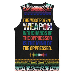 Steve Biko Basketball Jersey with Microphone Portrait, Black Consciousness Quote and Vibrant Ethnic Wave - African Pride