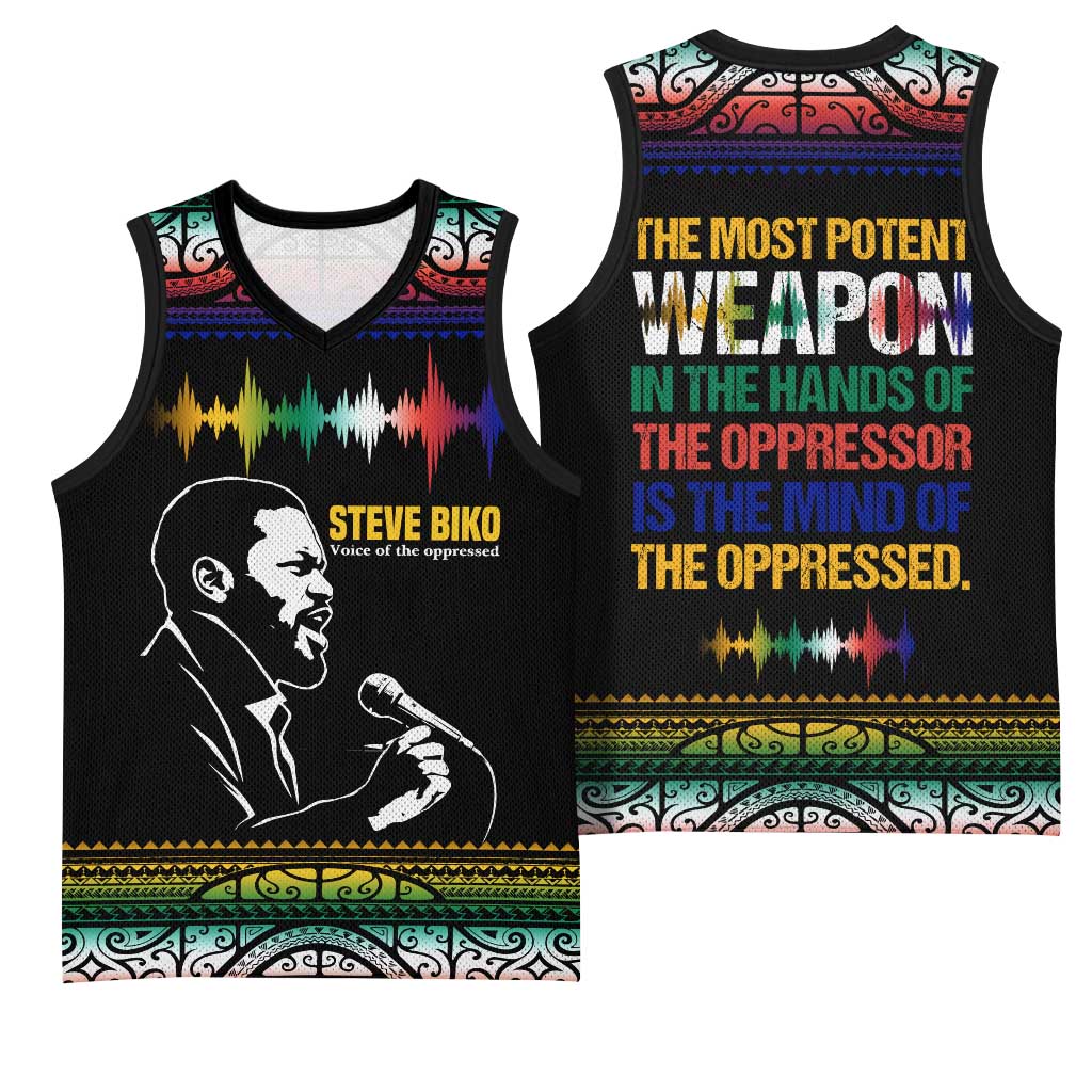 Steve Biko Basketball Jersey with Microphone Portrait, Black Consciousness Quote and Vibrant Ethnic Wave - African Pride