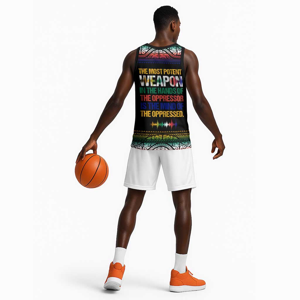 Steve Biko Basketball Jersey with Microphone Portrait, Black Consciousness Quote and Vibrant Ethnic Wave - African Pride