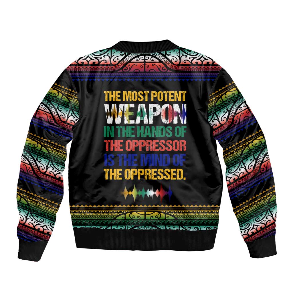 Steve Biko Bomber Jacket with Microphone Portrait, Black Consciousness Quote and Vibrant Ethnic Wave - African Pride