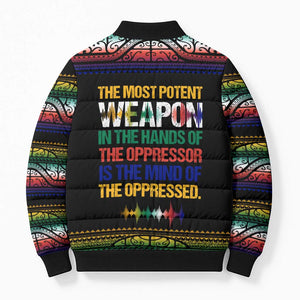 Steve Biko Bomber Puffer Jacket with Microphone Portrait, Black Consciousness Quote and Vibrant Ethnic Wave - African Pride