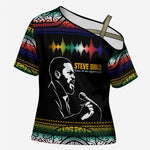 Steve Biko Cross Shoulder Shirt with Microphone Portrait, Black Consciousness Quote and Vibrant Ethnic Wave - African Pride