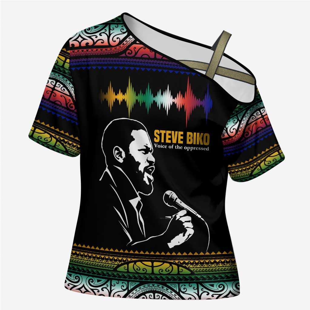 Steve Biko Cross Shoulder Shirt with Microphone Portrait, Black Consciousness Quote and Vibrant Ethnic Wave - African Pride