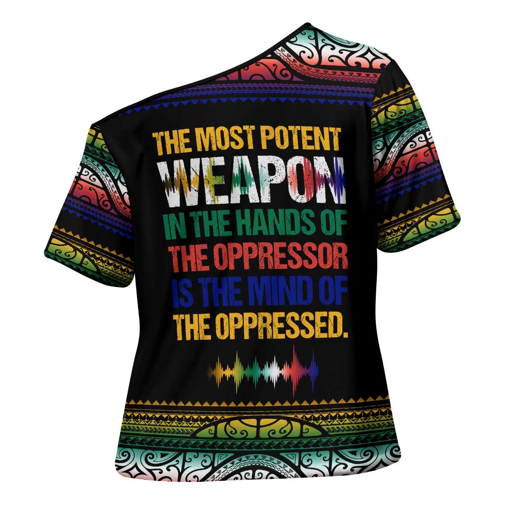 Steve Biko Cross Shoulder Shirt with Microphone Portrait, Black Consciousness Quote and Vibrant Ethnic Wave - African Pride