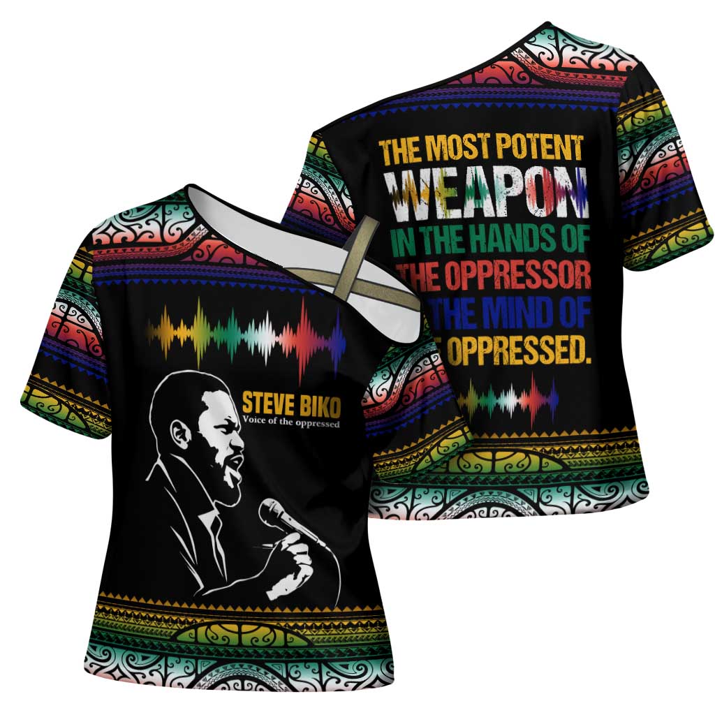 Steve Biko Cross Shoulder Shirt with Microphone Portrait, Black Consciousness Quote and Vibrant Ethnic Wave - African Pride