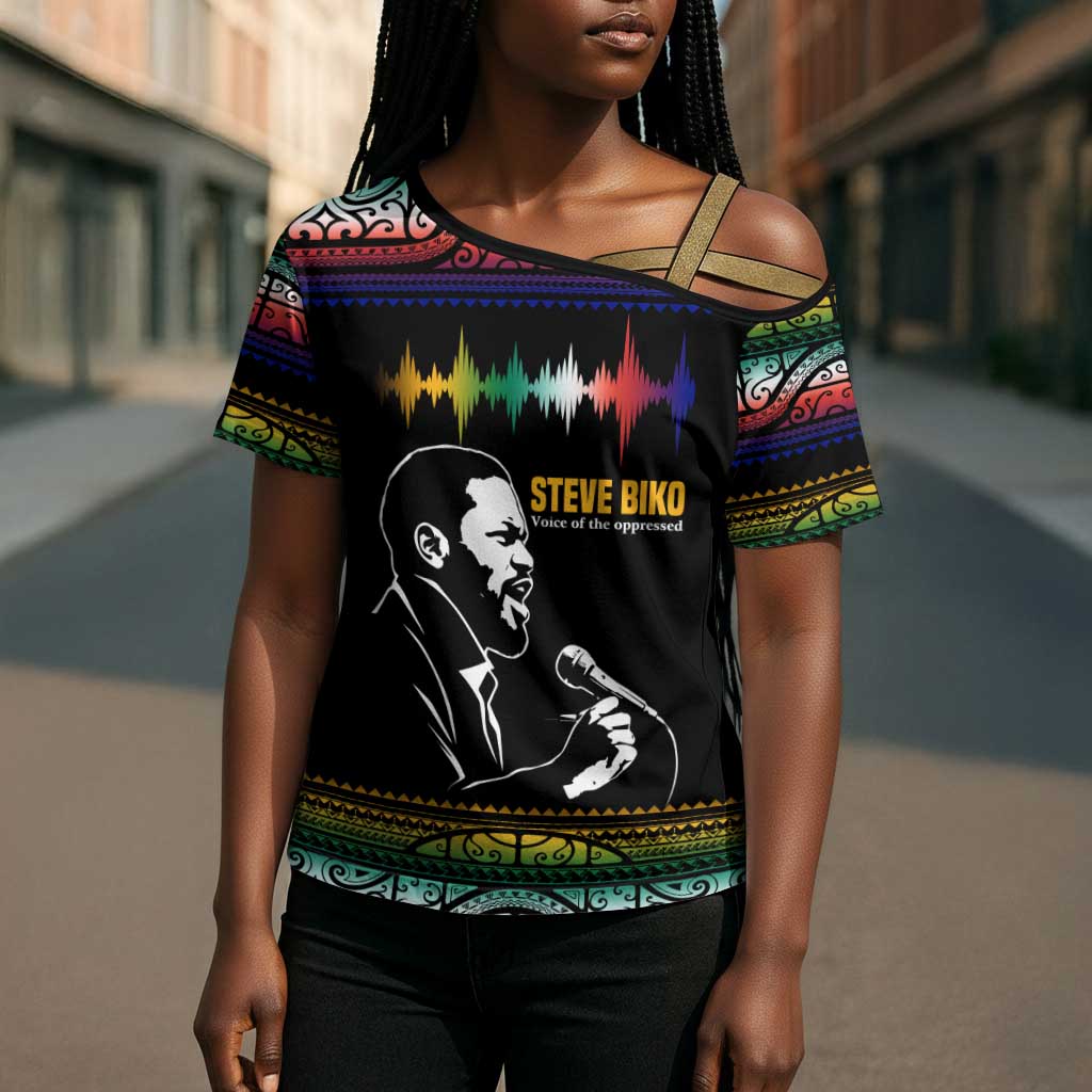Steve Biko Cross Shoulder Shirt with Microphone Portrait, Black Consciousness Quote and Vibrant Ethnic Wave - African Pride