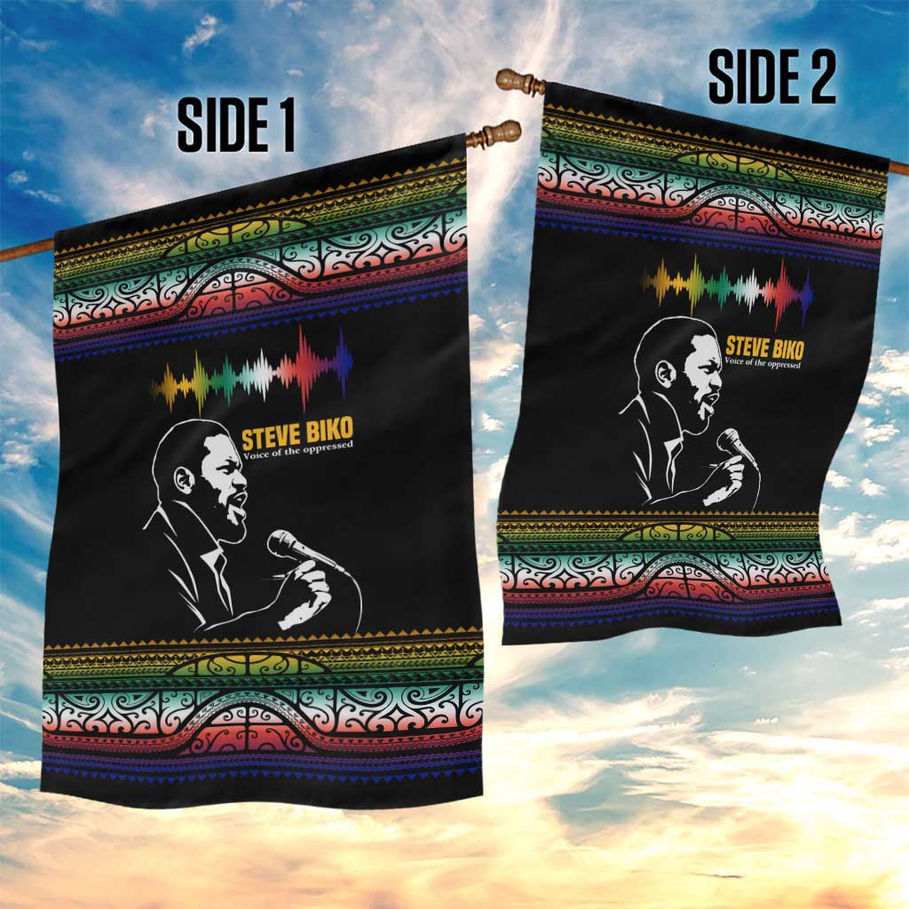 Steve Biko Garden Flag with Microphone Portrait, Black Consciousness Quote and Vibrant Ethnic Wave - African Pride