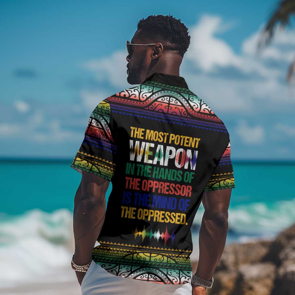 Steve Biko Hawaiian Shirt with Microphone Portrait, Black Consciousness Quote and Vibrant Ethnic Wave - African Pride