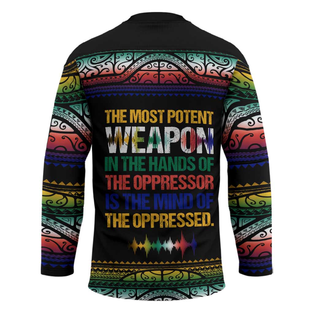 Steve Biko Hockey Jersey with Microphone Portrait, Black Consciousness Quote and Vibrant Ethnic Wave - African Pride