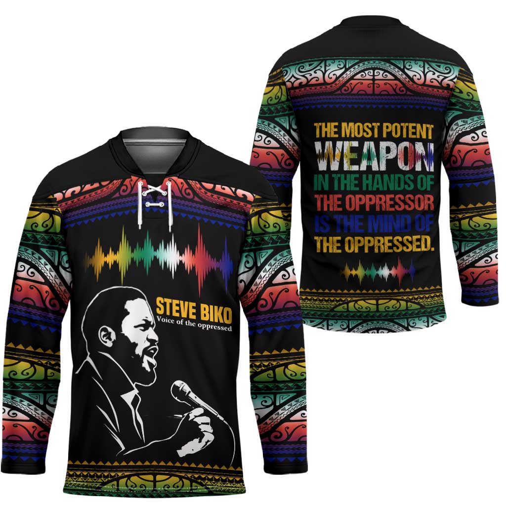 Steve Biko Hockey Jersey with Microphone Portrait, Black Consciousness Quote and Vibrant Ethnic Wave - African Pride