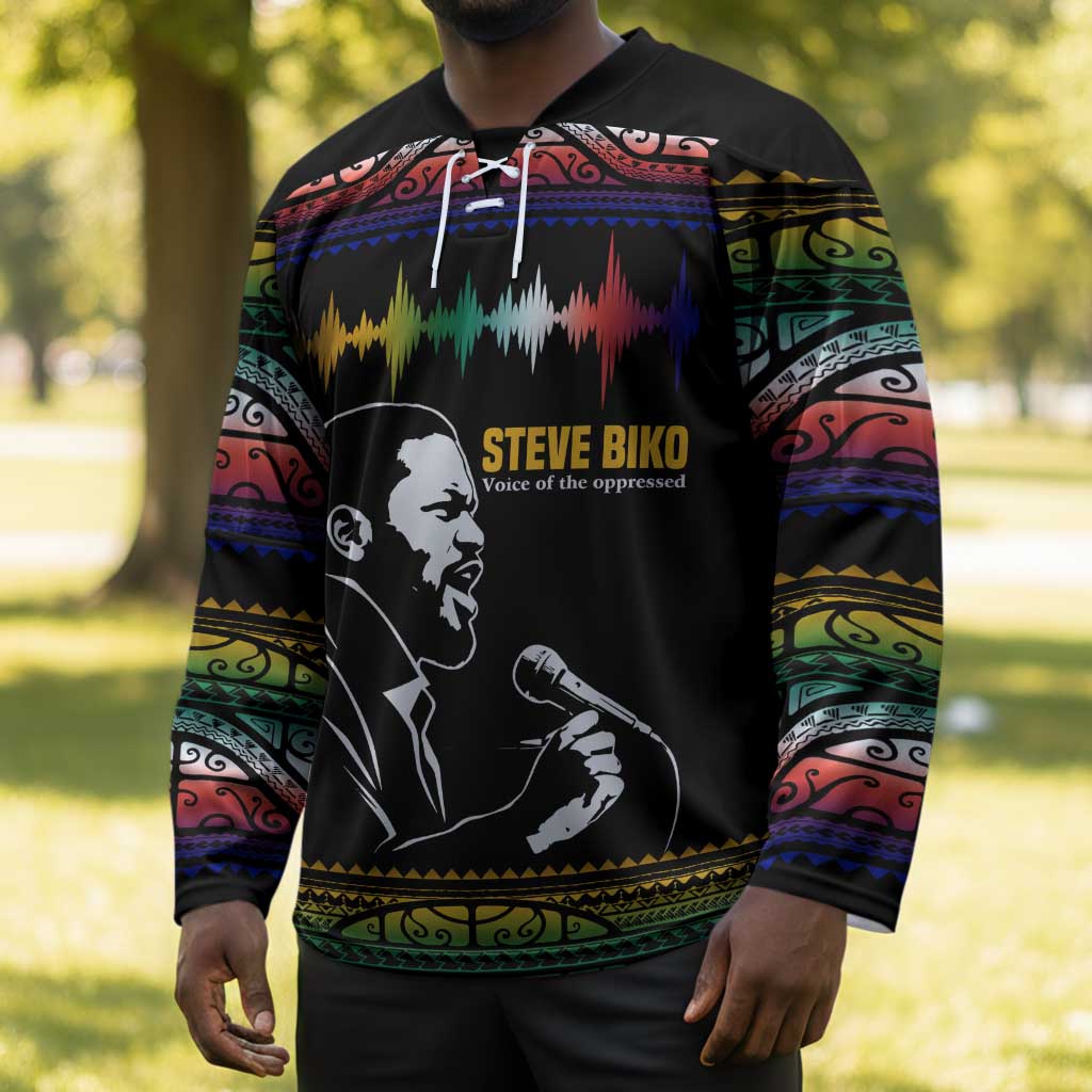 Steve Biko Hockey Jersey with Microphone Portrait, Black Consciousness Quote and Vibrant Ethnic Wave - African Pride