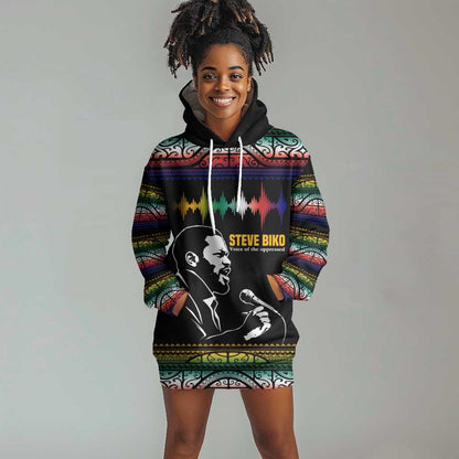 Steve Biko Hoodie Dress with Microphone Portrait, Black Consciousness Quote and Vibrant Ethnic Wave - African Pride