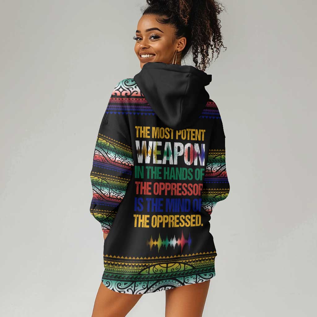 Steve Biko Hoodie Dress with Microphone Portrait, Black Consciousness Quote and Vibrant Ethnic Wave - African Pride
