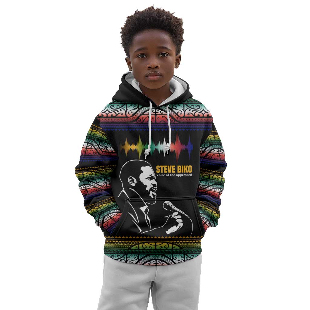 Steve Biko Kid Hoodie with Microphone Portrait, Black Consciousness Quote and Vibrant Ethnic Wave - African Pride