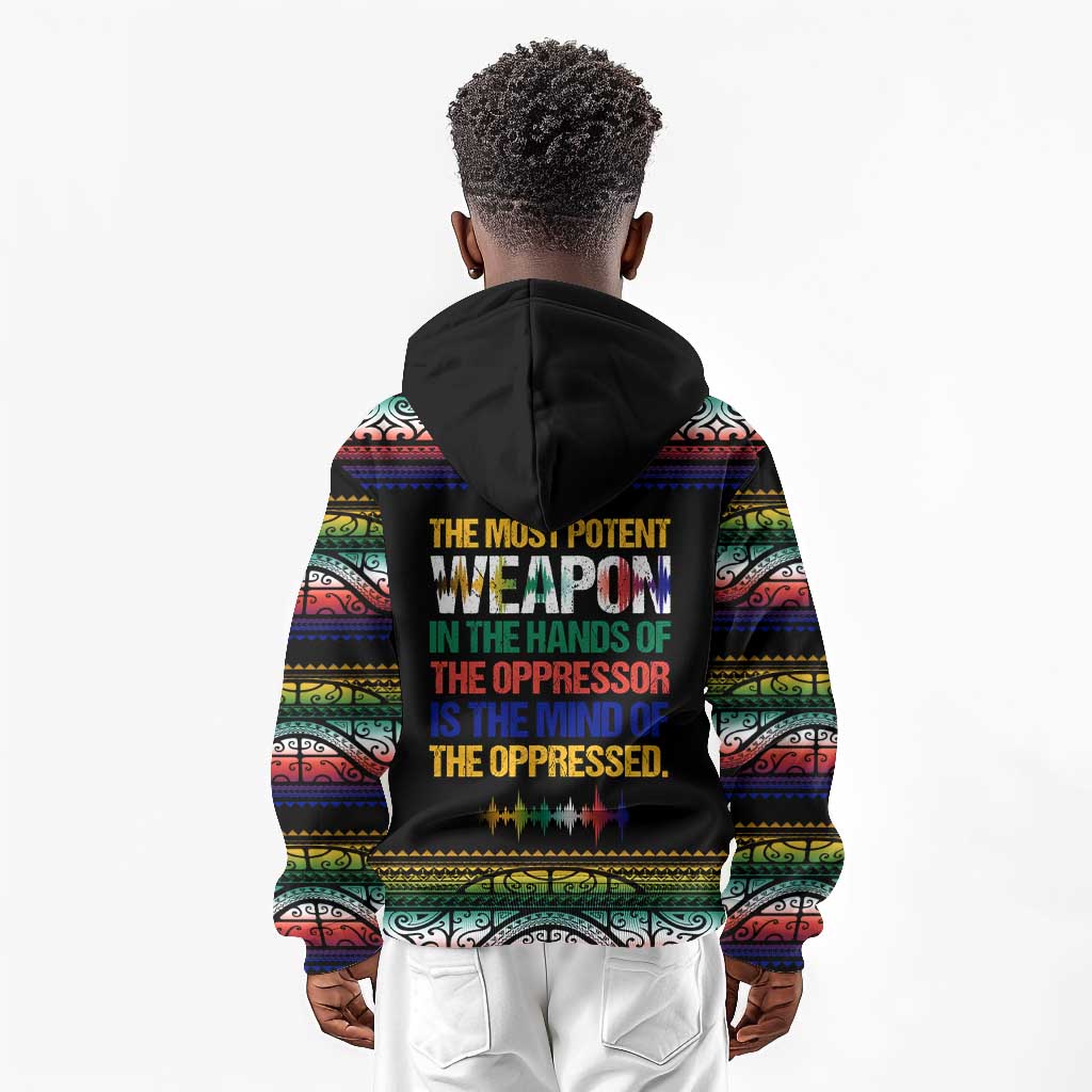 Steve Biko Kid Hoodie with Microphone Portrait, Black Consciousness Quote and Vibrant Ethnic Wave - African Pride