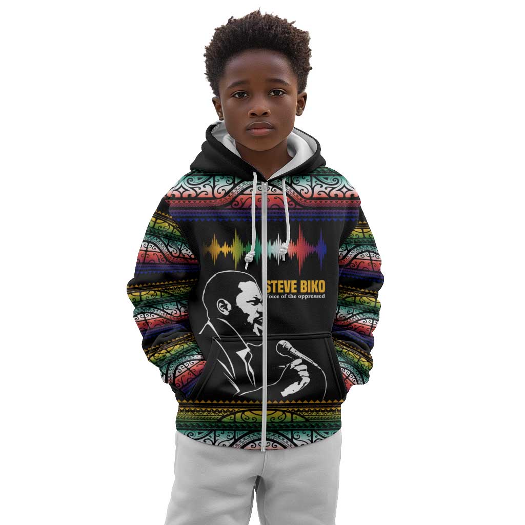 Steve Biko Kid Hoodie with Microphone Portrait, Black Consciousness Quote and Vibrant Ethnic Wave - African Pride