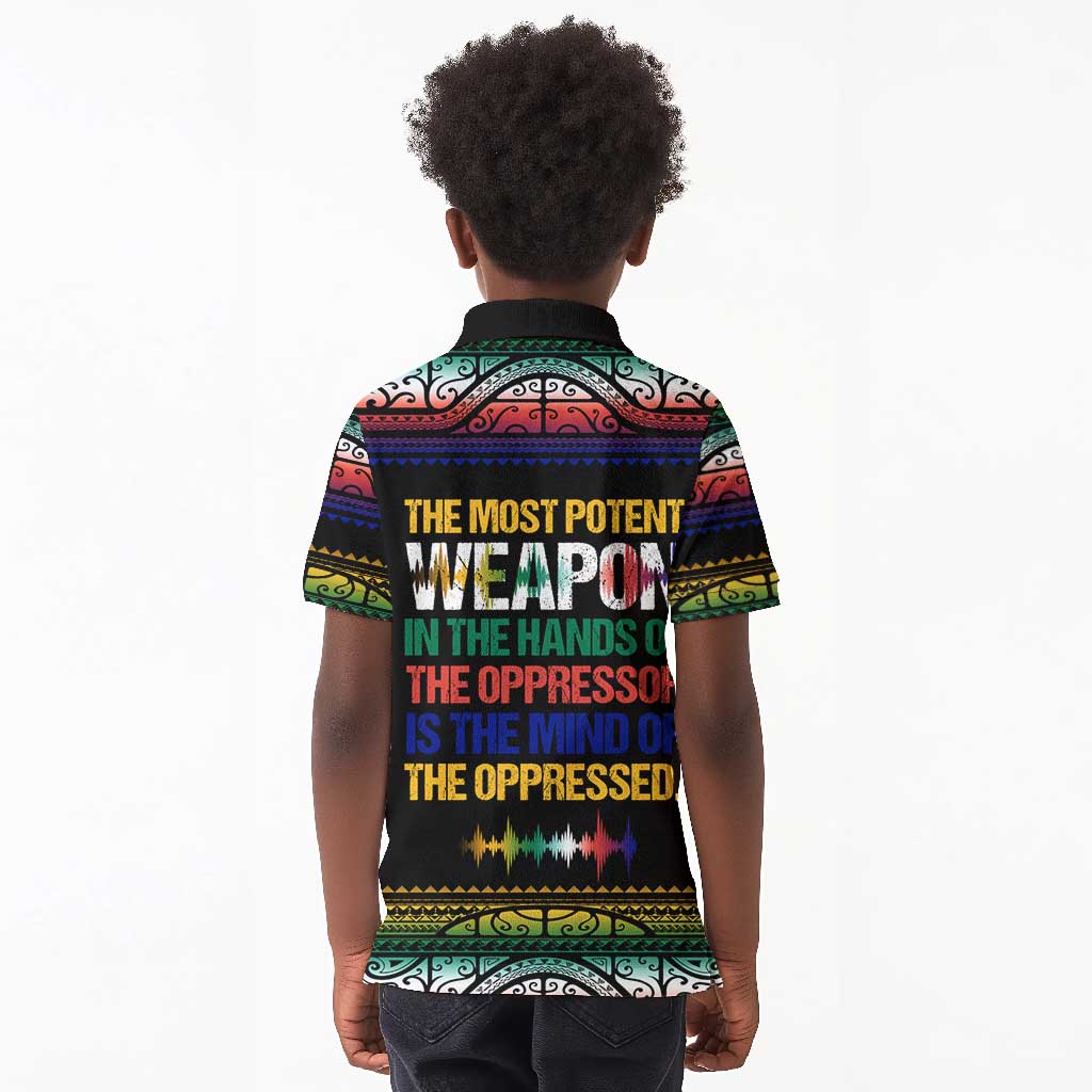 Steve Biko Kid Polo Shirt with Microphone Portrait, Black Consciousness Quote and Vibrant Ethnic Wave - African Pride