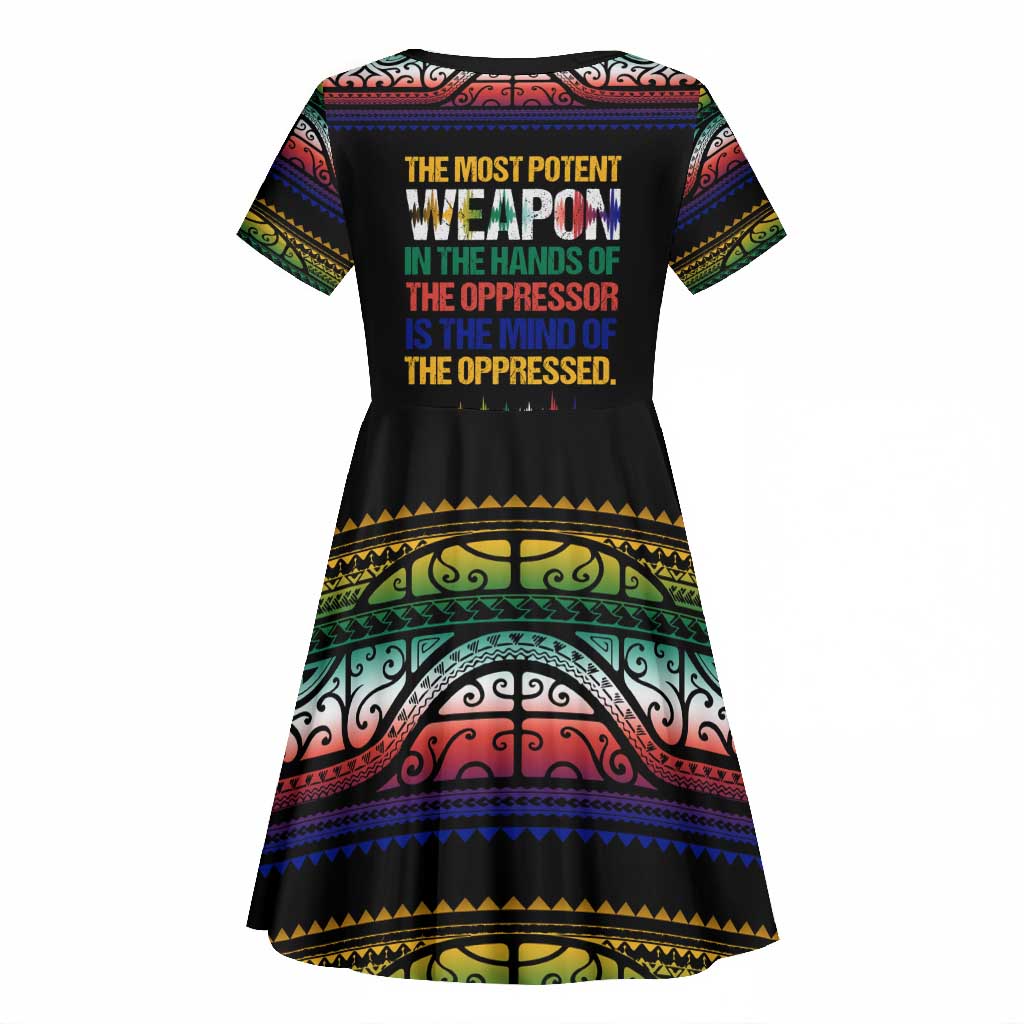 Steve Biko Kid Short Sleeve Dress with Microphone Portrait, Black Consciousness Quote and Vibrant Ethnic Wave - African Pride