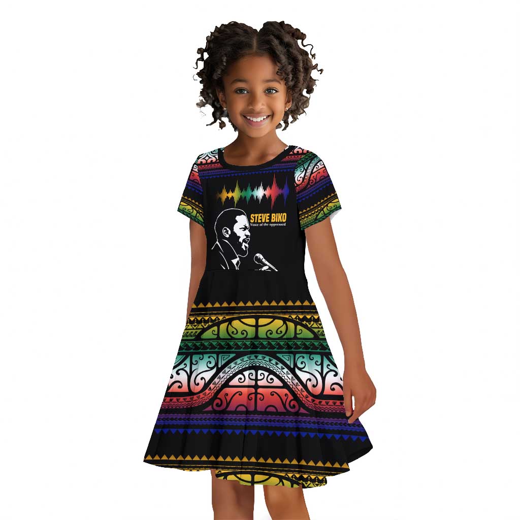 Steve Biko Kid Short Sleeve Dress with Microphone Portrait, Black Consciousness Quote and Vibrant Ethnic Wave - African Pride
