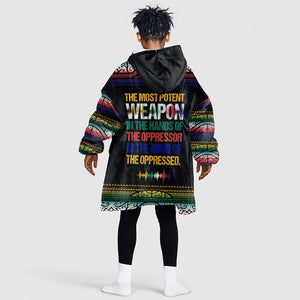 Steve Biko Kid Wearable Blanket Hoodie with Microphone Portrait, Black Consciousness Quote and Vibrant Ethnic Wave - African Pride