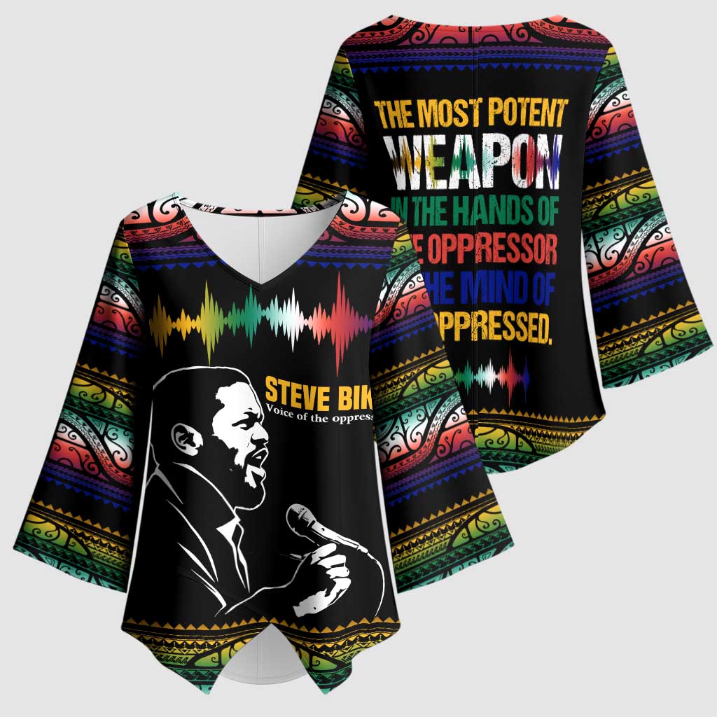 Steve Biko Kimono Sleeve Blouse with Microphone Portrait, Black Consciousness Quote and Vibrant Ethnic Wave - African Pride