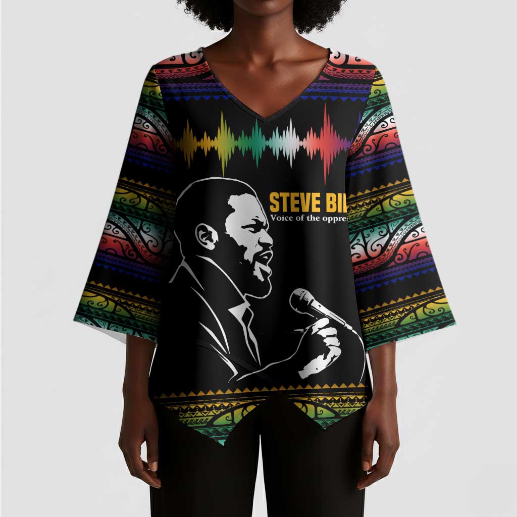 Steve Biko Kimono Sleeve Blouse with Microphone Portrait, Black Consciousness Quote and Vibrant Ethnic Wave - African Pride