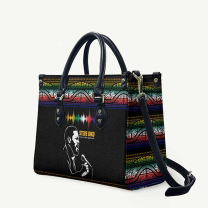 Steve Biko Leather Bag with Microphone Portrait, Black Consciousness Quote and Vibrant Ethnic Wave - African Pride
