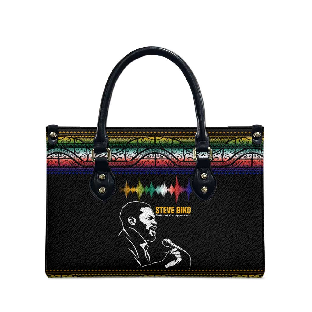 Steve Biko Leather Bag with Microphone Portrait, Black Consciousness Quote and Vibrant Ethnic Wave - African Pride